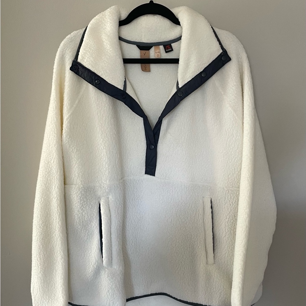White Fleece Pullover with Navy Trim